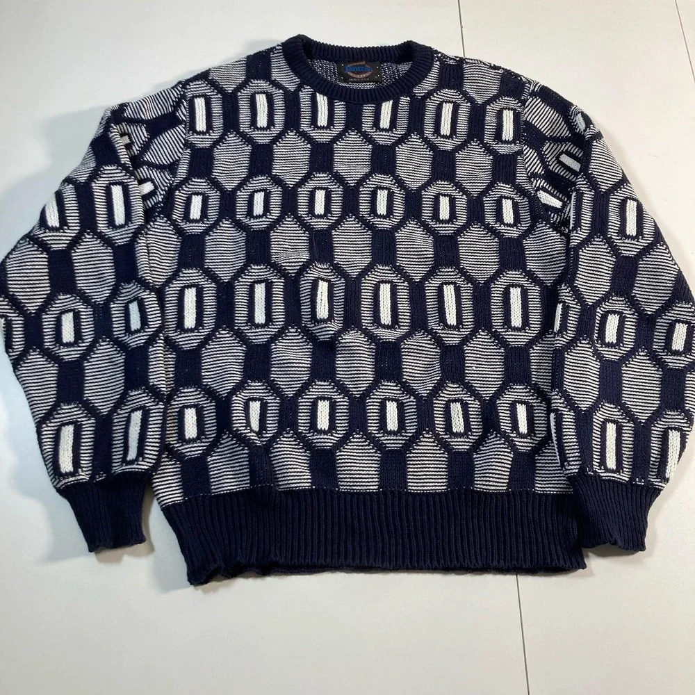 Vintage 90s Jantzen Sweater M Geometric 3D Knit Fisherman Made USA‎ Coogi Style
